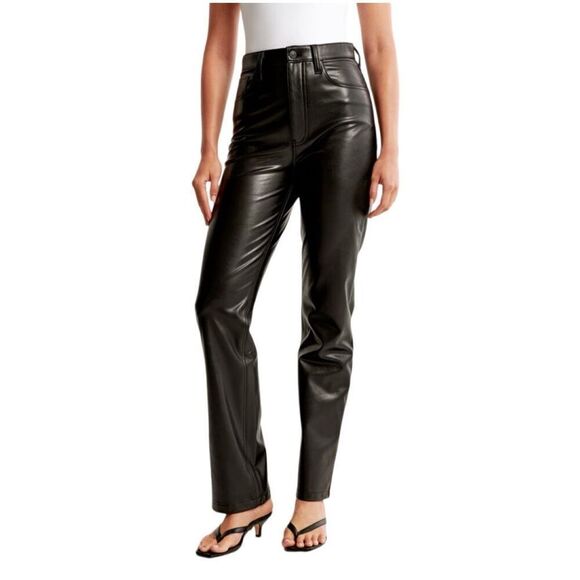 New! Abercrombie & Fitch Black Ankle Straight Ultra High Rise Vegan Leather Pant - Picture 4 of 8